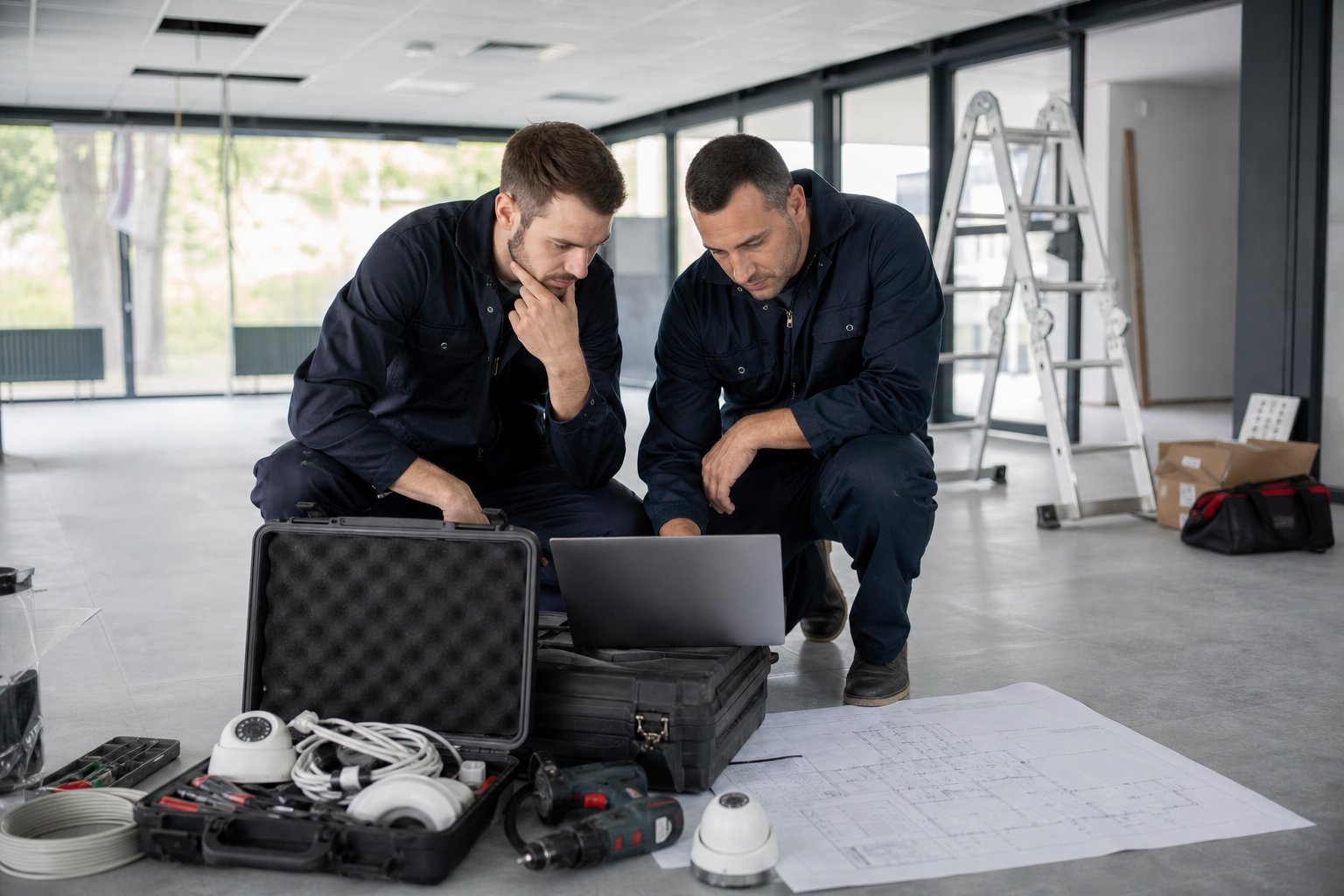 Keerthi Networks technicians reviewing an installation plan with CCTV equipment on site
