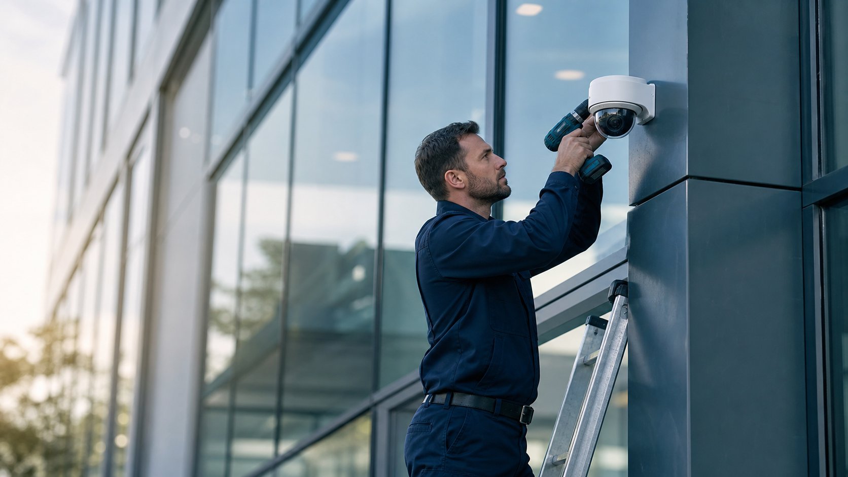 Security technician professionally installing a dome CCTV camera on a modern commercial building
